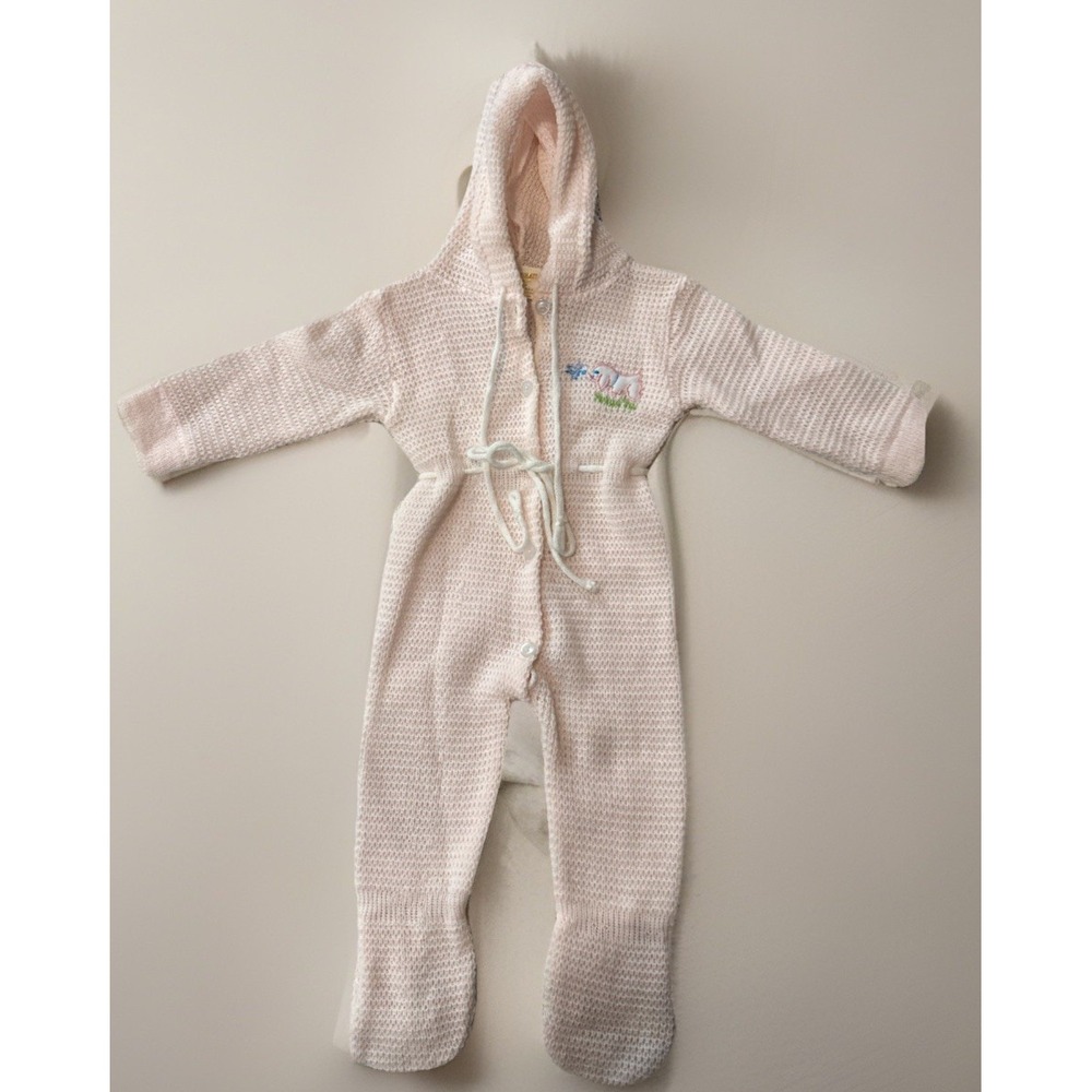 Vintage 1960s Pink Knit‎ Baby Hooded Romper One Piece Novelty Knit 6–12M Pink